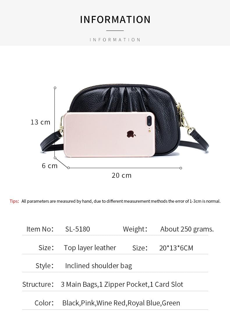 高質感牛皮三層拉鍊皺褶單肩斜揹小包