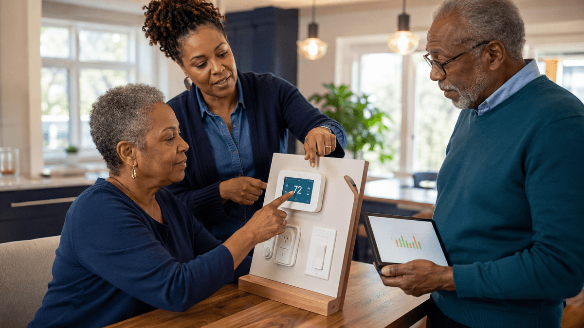 Older adults learning about household energy use through a hands-on thermostat demonstration.