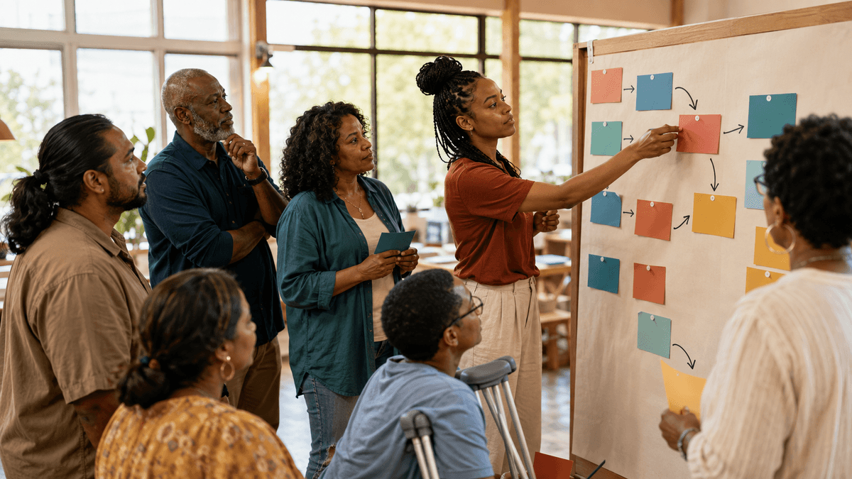 Community members mapping access barriers and opportunities during a collaborative learning session.