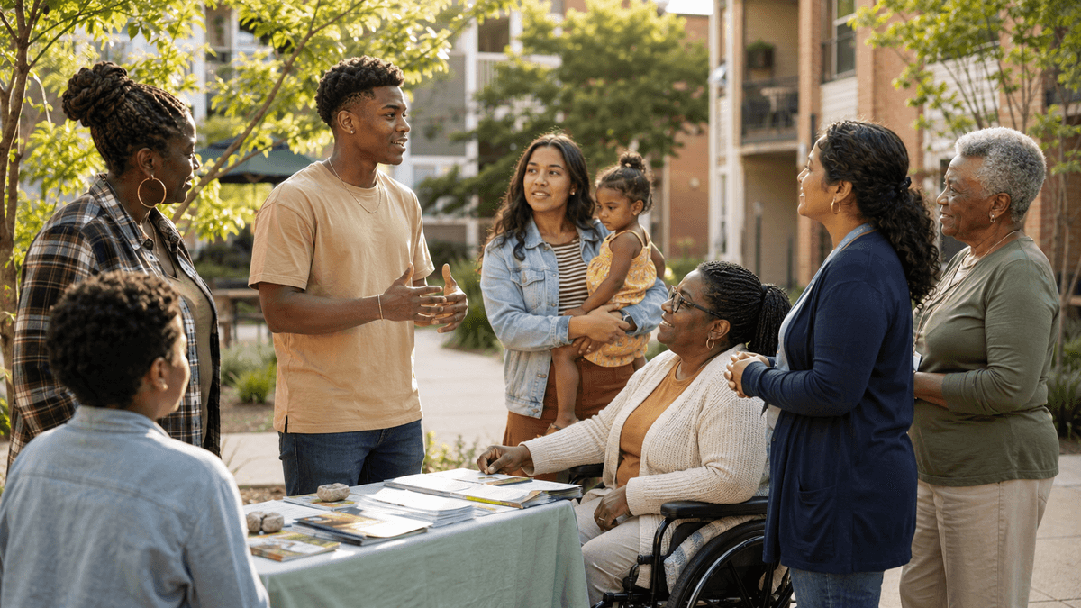 Multigenerational residents exchanging information at an outdoor community resource gathering.