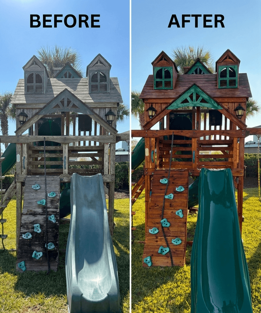 Don't replace it—restore it! Witness a stunning wooden playground transformation from dull and weathered to a vibrant, protected finish."