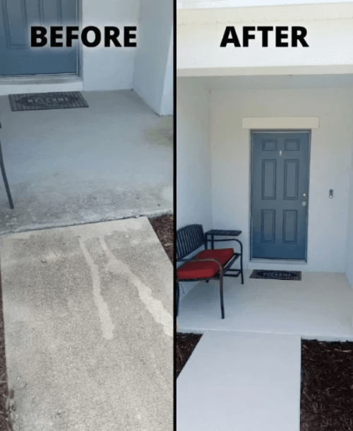 "Transform your home's entrance! See this incredible before and after of a professional concrete cleaning that removed years of grime for a fresh, welcoming look."