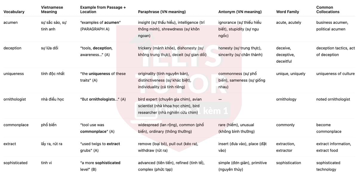 🔥Intelligent Behaviour in Birds Answers with location - Đề luyện tập IELTS READING- Làm bài online format computer-based, kèm đáp án, dịch & giải thích từ vựng - cấu trúc ngữ pháp khó