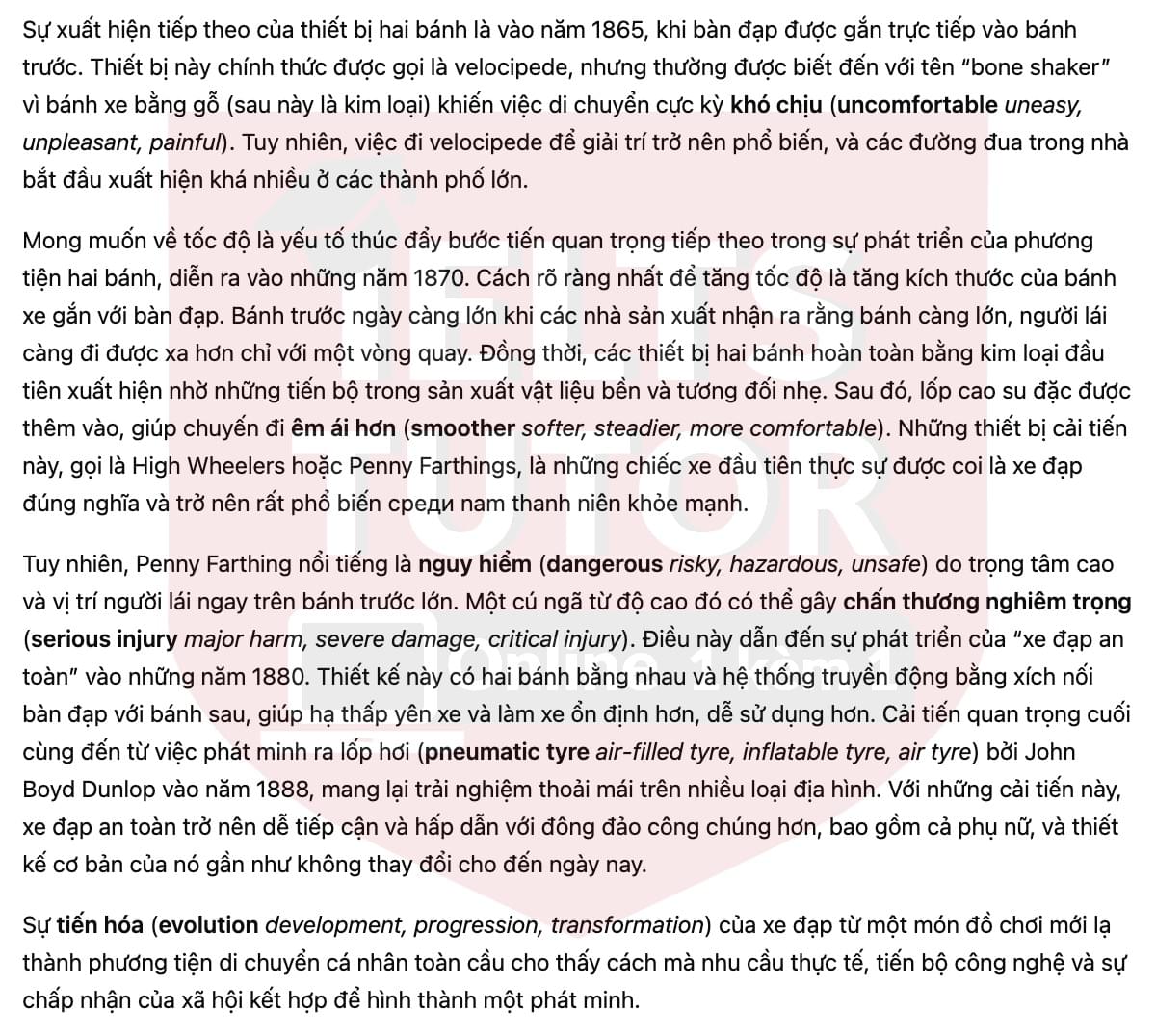 🔥The development of the bicycle Answers with location - Đề luyện tập IELTS READING- Làm bài online format computer-based, kèm đáp án, dịch & giải thích từ vựng - cấu trúc ngữ pháp khó