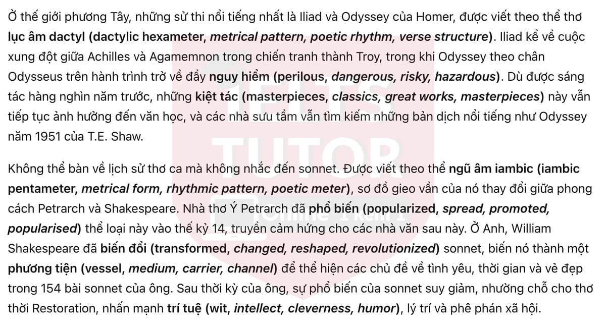 🔥A Brief History of Poetry Answers with location - Đề luyện tập IELTS READING- Làm bài online format computer-based, kèm đáp án, dịch & giải thích từ vựng - cấu trúc ngữ pháp khó