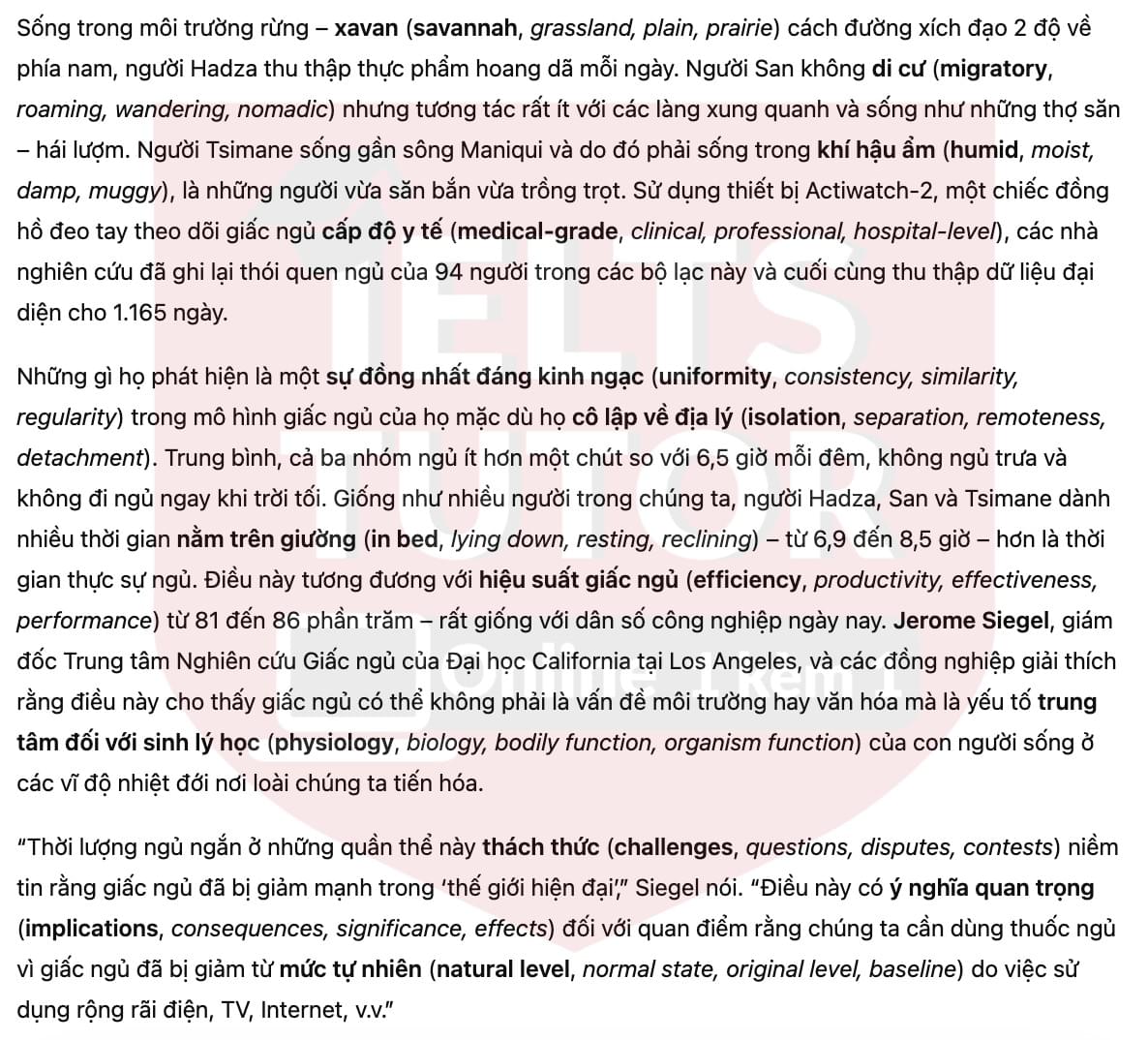🔥Sleep Study on Modern-Day Hunter-Gatherer Dispels Popular Notions Answers with location - Đề thi thật IELTS READING- Làm bài online format computer-based, kèm đáp án, dịch & giải thích từ vựng - cấu trúc ngữ pháp khó