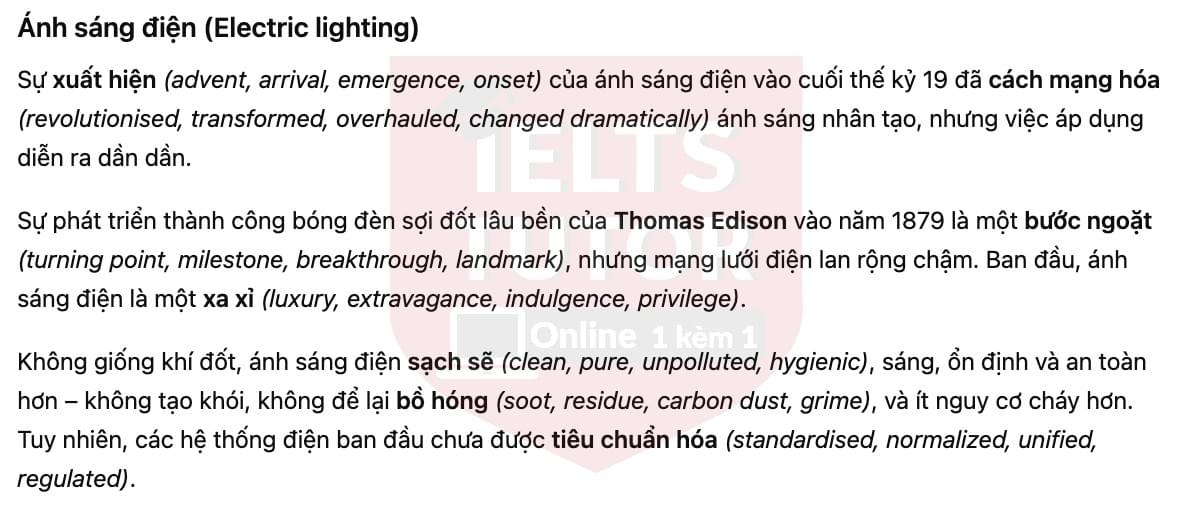 🔥The history of lighting Answers with location - Đề luyện tập IELTS READING- Làm bài online format computer-based, kèm đáp án, dịch & giải thích từ vựng - cấu trúc ngữ pháp khó