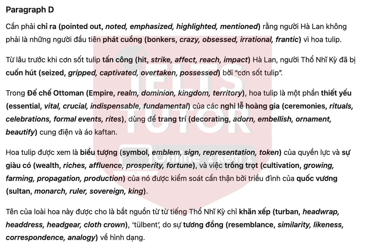 🔥Tulip Mania Answers with location - Đề luyện tập IELTS READING- Làm bài online format computer-based, kèm đáp án, dịch & giải thích từ vựng - cấu trúc ngữ pháp khó