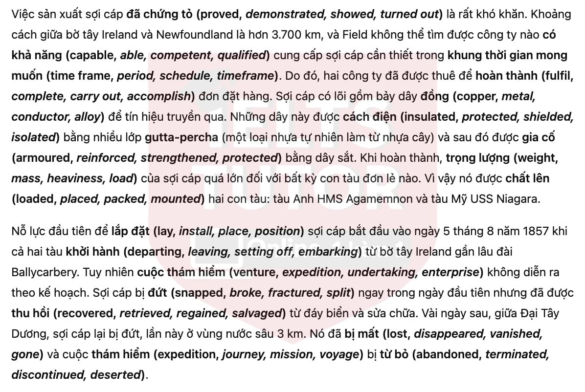 🔥How the first trans-Atlantic telegraph cable was laid Answers with location - Đề thi thật IELTS READING- Làm bài online format computer-based, kèm đáp án, dịch & giải thích từ vựng - cấu trúc ngữ pháp khó