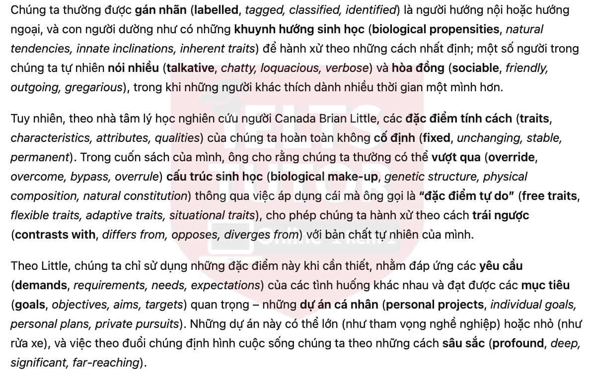 🔥A study of introvert and extrovert characters Answers with location - Đề luyện tập IELTS READING- Làm bài online format computer-based, kèm đáp án, dịch & giải thích từ vựng - cấu trúc ngữ pháp khó