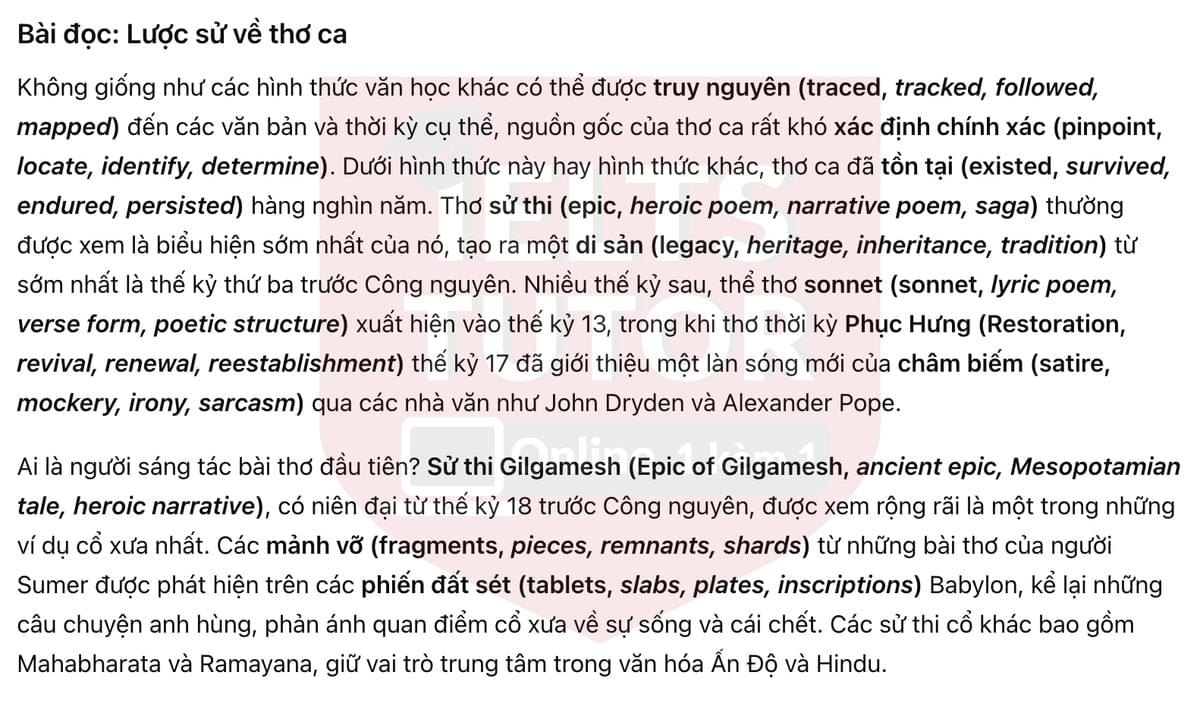🔥A Brief History of Poetry Answers with location - Đề luyện tập IELTS READING- Làm bài online format computer-based, kèm đáp án, dịch & giải thích từ vựng - cấu trúc ngữ pháp khó