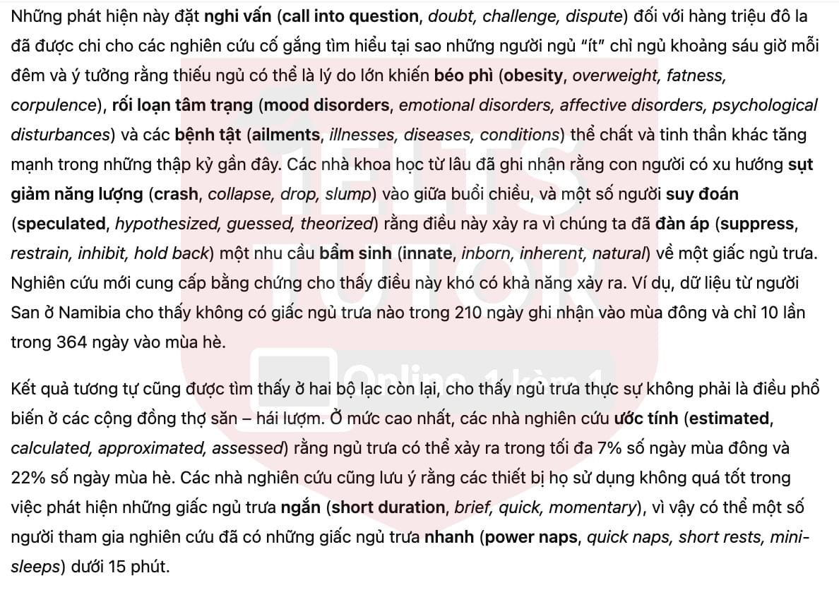 🔥Sleep Study on Modern-Day Hunter-Gatherer Dispels Popular Notions Answers with location - Đề thi thật IELTS READING- Làm bài online format computer-based, kèm đáp án, dịch & giải thích từ vựng - cấu trúc ngữ pháp khó
