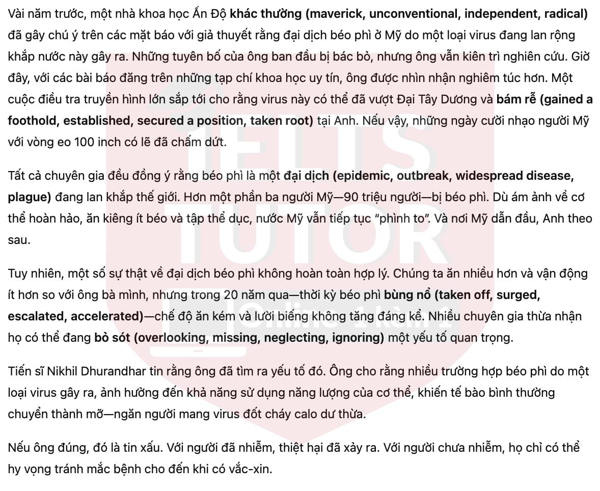 🔥Can You Catch Obesity? Answers with location - Đề luyện tập IELTS READING- Làm bài online format computer-based, kèm đáp án, dịch & giải thích từ vựng - cấu trúc ngữ pháp khó