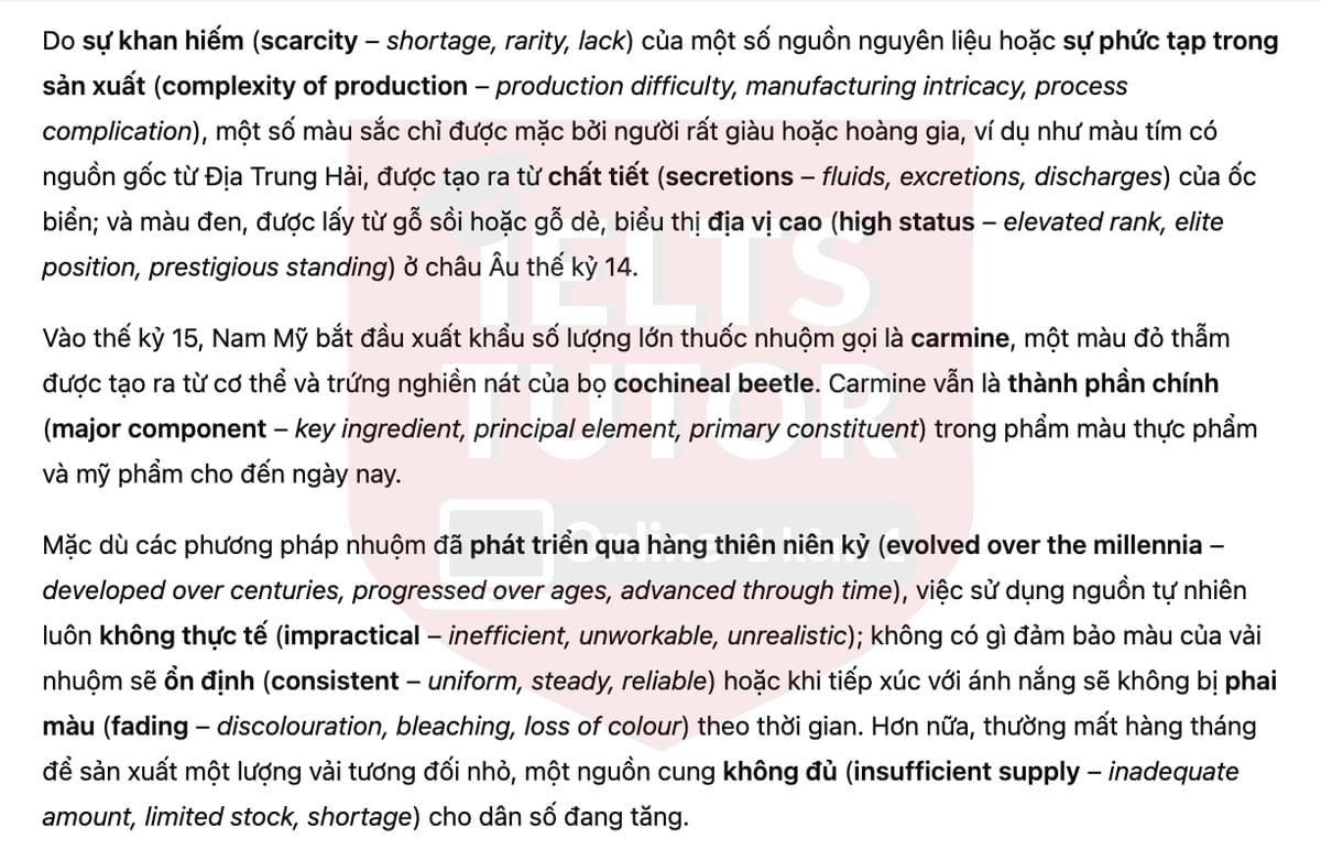  🔥The History Of Colour - How the invention of synthetic colour changed our world Answers with location - Đề luyện tập IELTS READING- Làm bài online format computer-based, kèm đáp án, dịch & giải thích từ vựng - cấu trúc ngữ pháp khó