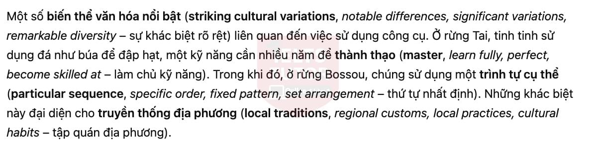 🔥Human-like culture in chimpanzees Answers with location - Đề luyện tập IELTS READING- Làm bài online format computer-based, kèm đáp án, dịch & giải thích từ vựng - cấu trúc ngữ pháp khó