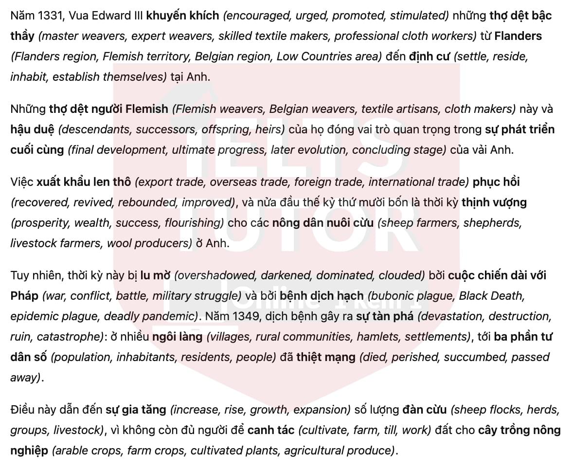 🔥The history of the British wool industry Answers with location - Đề thi thật IELTS READING- Làm bài online format computer-based, kèm đáp án, dịch & giải thích từ vựng - cấu trúc ngữ pháp khó