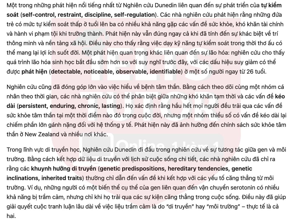 🔥The Dunedin Study Answers with location - Đề luyện tập IELTS READING- Làm bài online format computer-based, kèm đáp án, dịch & giải thích từ vựng - cấu trúc ngữ pháp khó