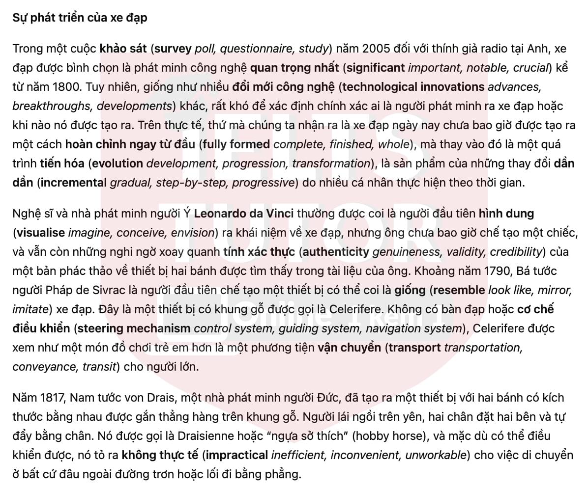 🔥The development of the bicycle Answers with location - Đề luyện tập IELTS READING- Làm bài online format computer-based, kèm đáp án, dịch & giải thích từ vựng - cấu trúc ngữ pháp khó