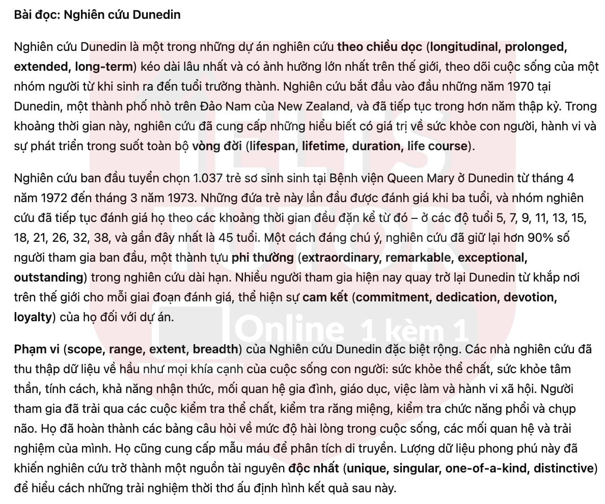 🔥The Dunedin Study Answers with location - Đề luyện tập IELTS READING- Làm bài online format computer-based, kèm đáp án, dịch & giải thích từ vựng - cấu trúc ngữ pháp khó