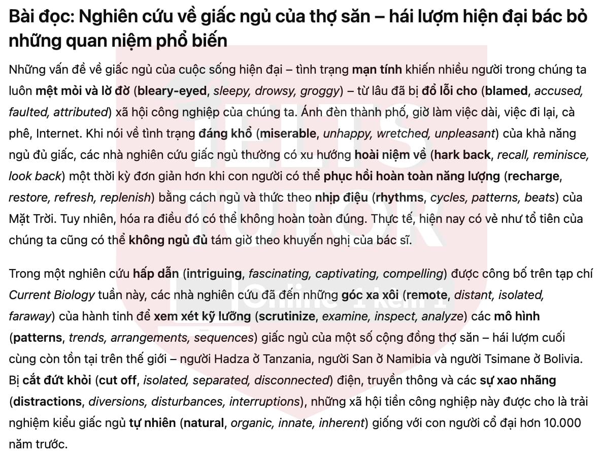 🔥Sleep Study on Modern-Day Hunter-Gatherer Dispels Popular Notions Answers with location - Đề thi thật IELTS READING- Làm bài online format computer-based, kèm đáp án, dịch & giải thích từ vựng - cấu trúc ngữ pháp khó