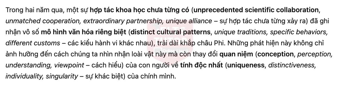 🔥Human-like culture in chimpanzees Answers with location - Đề luyện tập IELTS READING- Làm bài online format computer-based, kèm đáp án, dịch & giải thích từ vựng - cấu trúc ngữ pháp khó