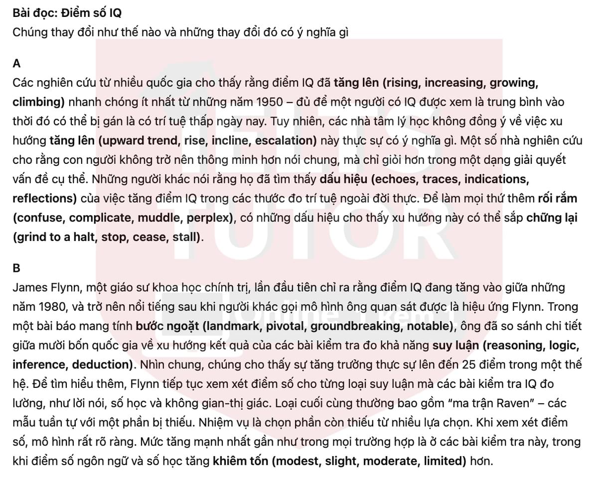🔥IQ Scores - How they are changing and what the changes mean Answers with location - Đề luyện tập IELTS READING- Làm bài online format computer-based, kèm đáp án, dịch & giải thích từ vựng - cấu trúc ngữ pháp khó