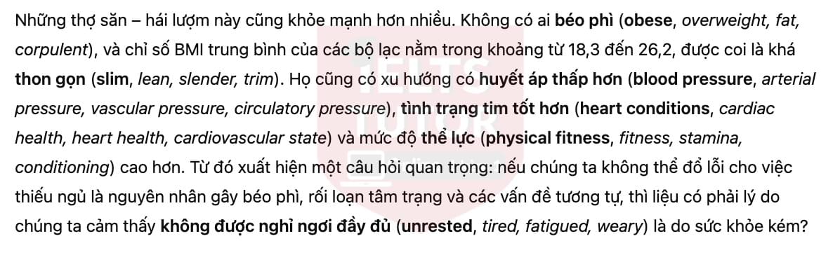 🔥Sleep Study on Modern-Day Hunter-Gatherer Dispels Popular Notions Answers with location - Đề thi thật IELTS READING- Làm bài online format computer-based, kèm đáp án, dịch & giải thích từ vựng - cấu trúc ngữ pháp khó