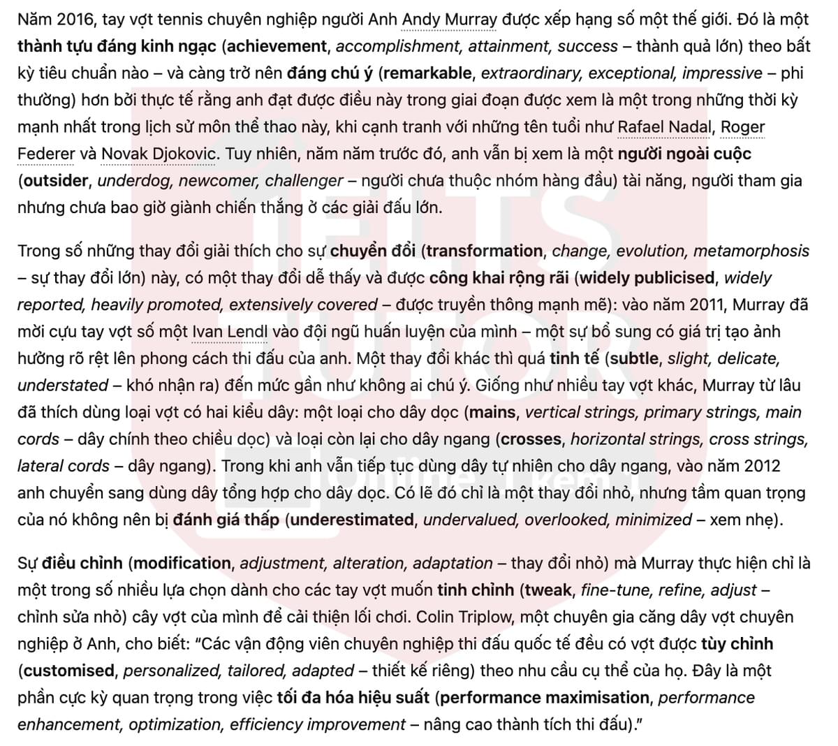🔥How tennis rackets have changed Answers with location - Đề luyện tập IELTS READING- Làm bài online format computer-based, kèm đáp án, dịch & giải thích từ vựng - cấu trúc ngữ pháp khó