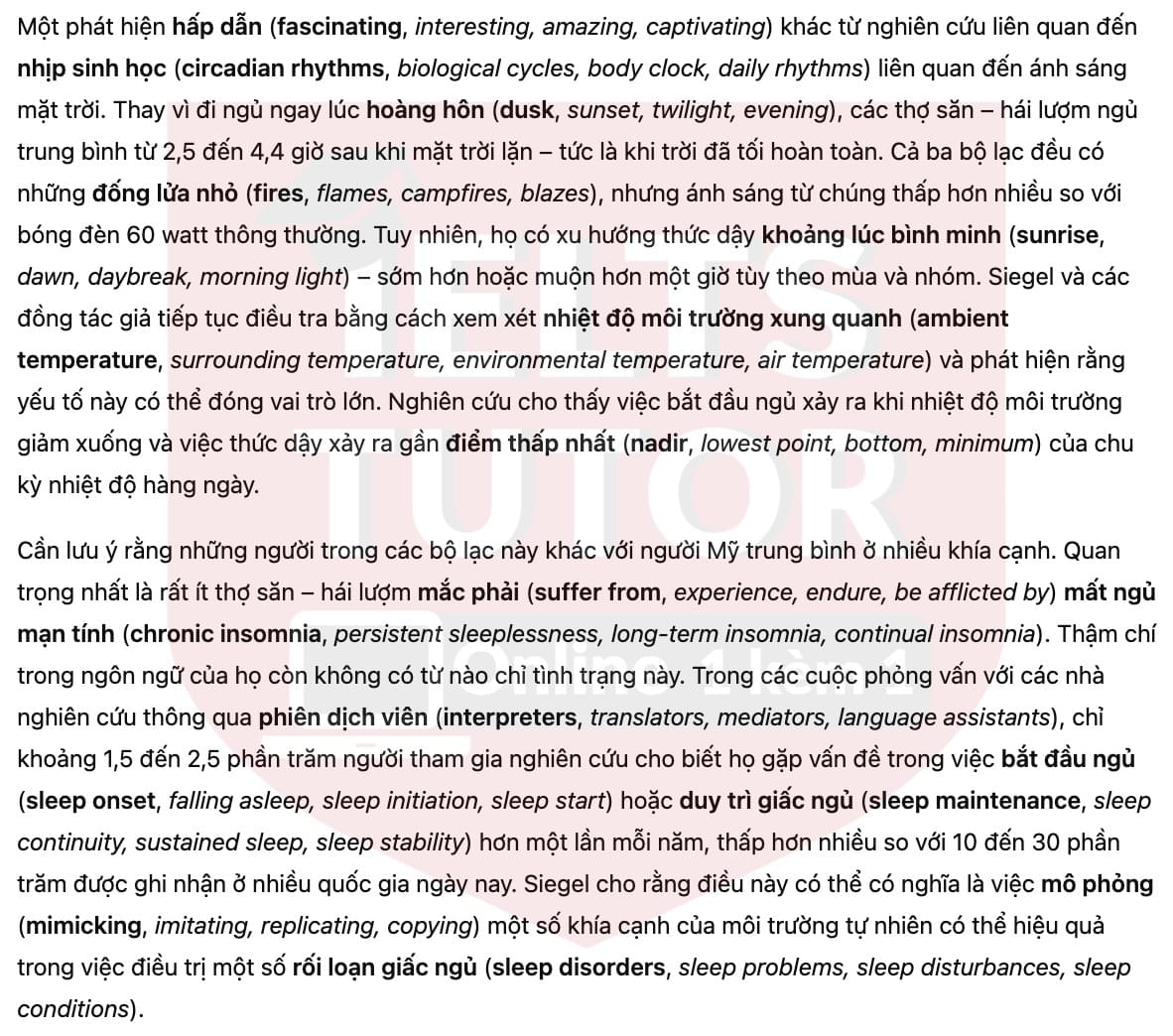 🔥Sleep Study on Modern-Day Hunter-Gatherer Dispels Popular Notions Answers with location - Đề thi thật IELTS READING- Làm bài online format computer-based, kèm đáp án, dịch & giải thích từ vựng - cấu trúc ngữ pháp khó