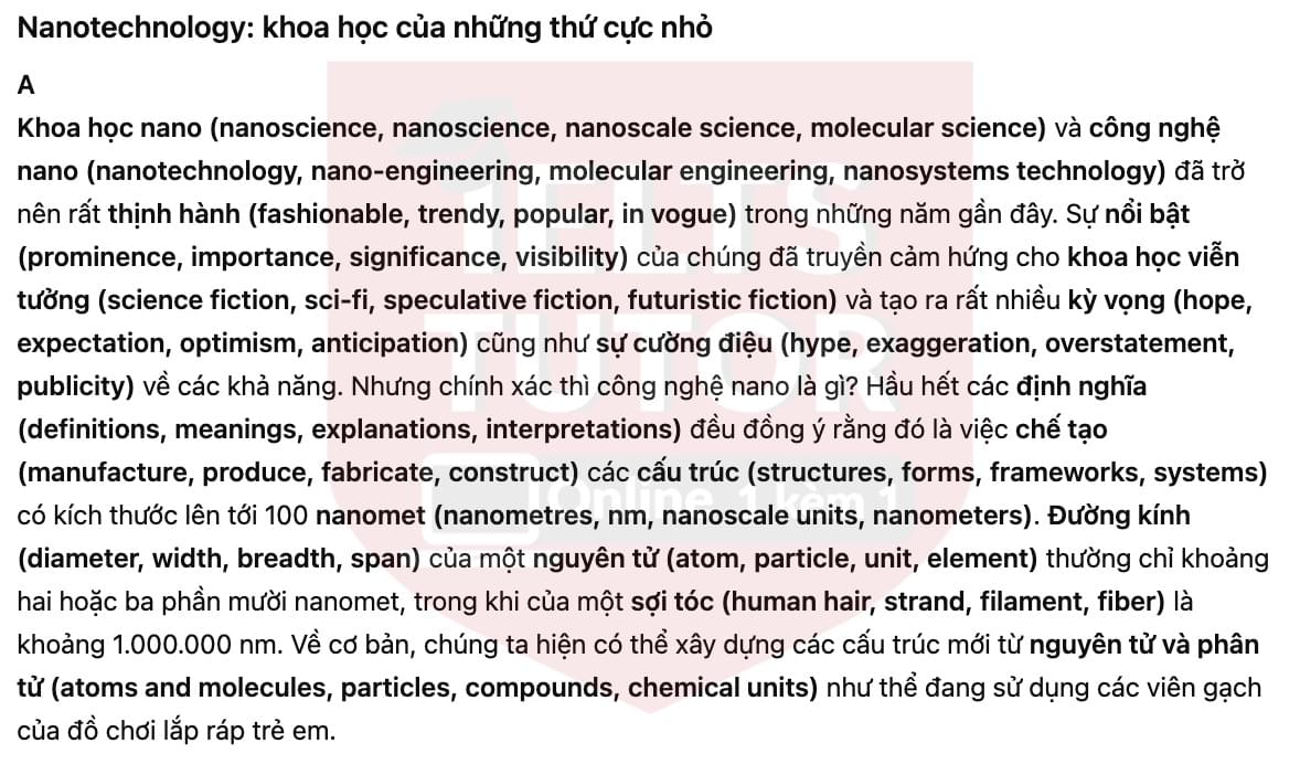🔥Nanotechnology: the science of the very small Answers with location - Đề luyện tập IELTS READING- Làm bài online format computer-based, kèm đáp án, dịch & giải thích từ vựng - cấu trúc ngữ pháp khó