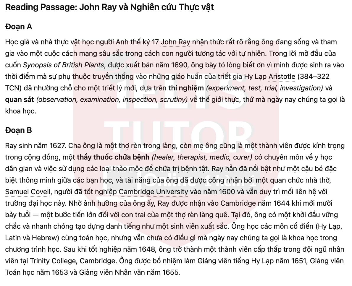 🔥John Ray and the Study of Plants Answers with location - Đề luyện tập IELTS READING- Làm bài online format computer-based, kèm đáp án, dịch & giải thích từ vựng - cấu trúc ngữ pháp khó