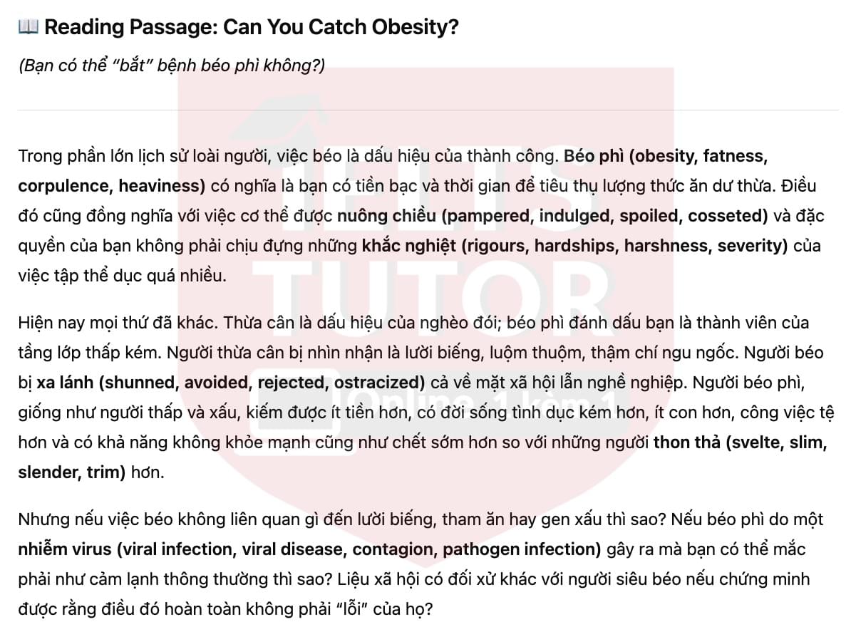 🔥Can You Catch Obesity? Answers with location - Đề luyện tập IELTS READING- Làm bài online format computer-based, kèm đáp án, dịch & giải thích từ vựng - cấu trúc ngữ pháp khó