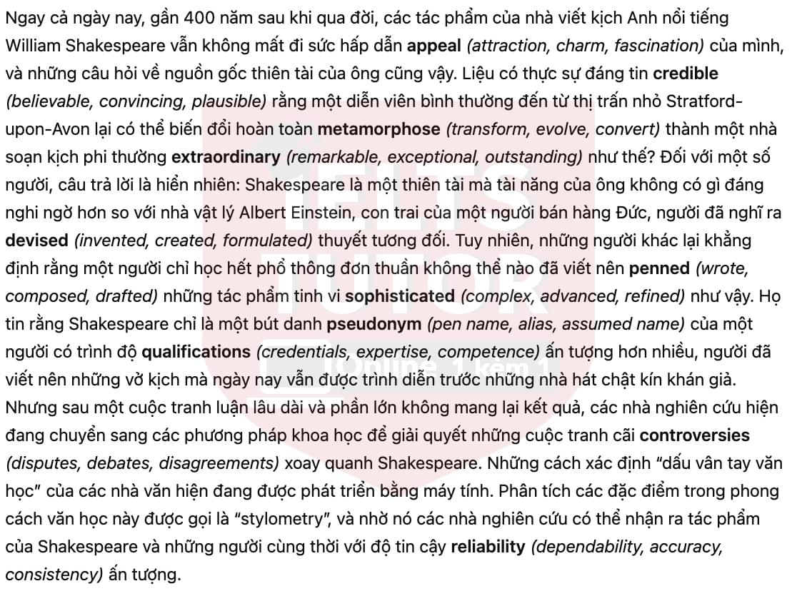 🔥Who Wrote Shakespeare's Plays? Answers with location - Đề luyện tập IELTS READING- Làm bài online format computer-based, kèm đáp án, dịch & giải thích từ vựng - cấu trúc ngữ pháp khó