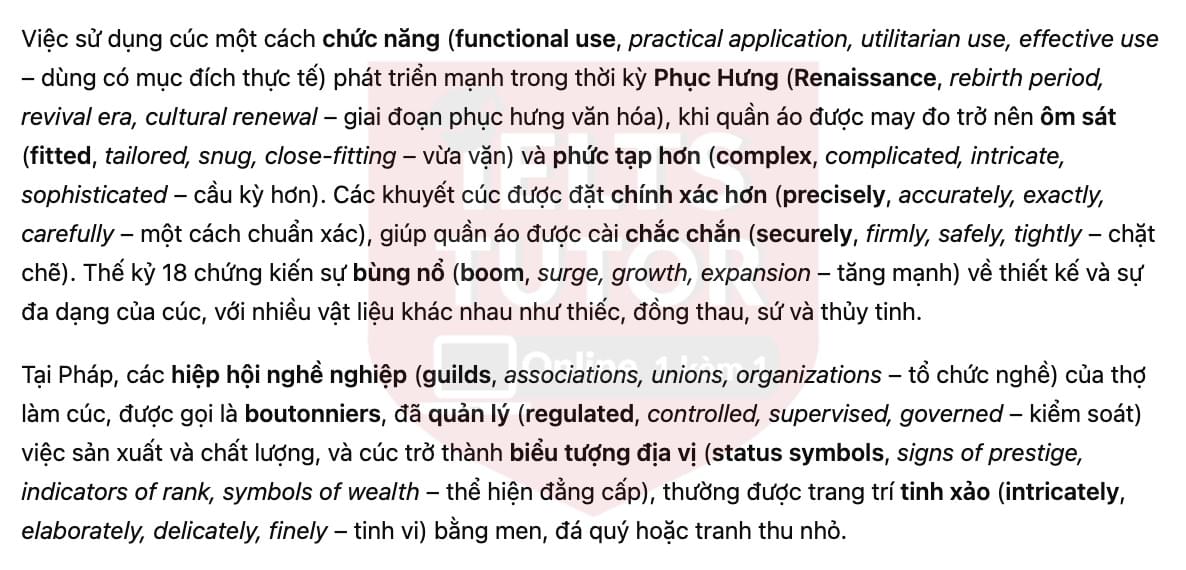 🔥The Development of Buttons in Europe Answers with location - Đề luyện tập IELTS READING- Làm bài online format computer-based, kèm đáp án, dịch & giải thích từ vựng - cấu trúc ngữ pháp khó