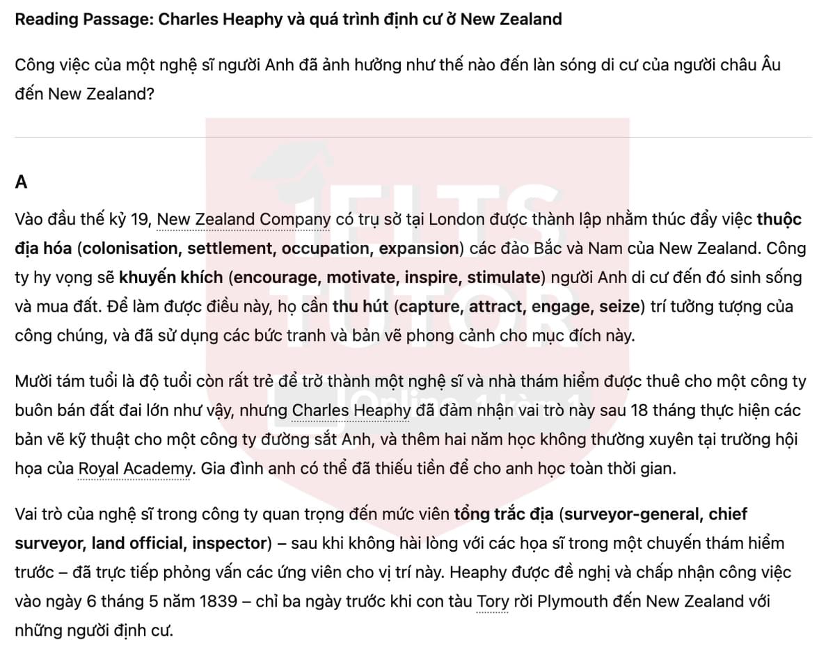 🔥Charles Heaphy and the settlement of New Zealand Answers with location - Đề luyện tập IELTS READING- Làm bài online format computer-based, kèm đáp án, dịch & giải thích từ vựng - cấu trúc ngữ pháp khó