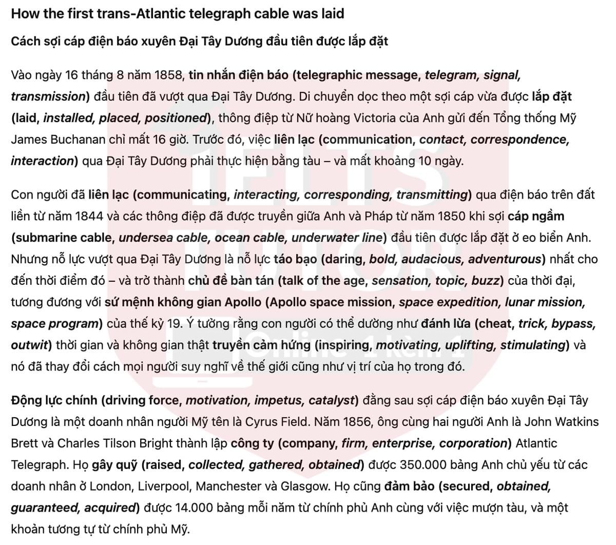 🔥How the first trans-Atlantic telegraph cable was laid Answers with location - Đề thi thật IELTS READING- Làm bài online format computer-based, kèm đáp án, dịch & giải thích từ vựng - cấu trúc ngữ pháp khó