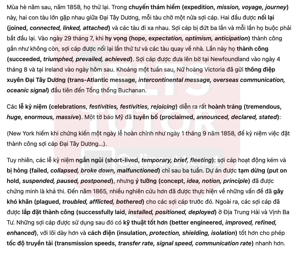 🔥How the first trans-Atlantic telegraph cable was laid Answers with location - Đề thi thật IELTS READING- Làm bài online format computer-based, kèm đáp án, dịch & giải thích từ vựng - cấu trúc ngữ pháp khó