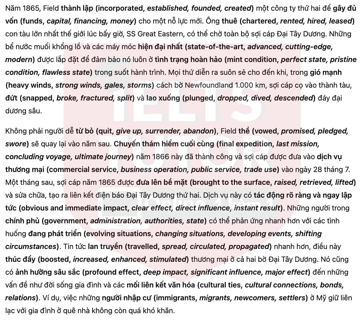 🔥How the first trans-Atlantic telegraph cable was laid Answers with location - Đề thi thật IELTS READING- Làm bài online format computer-based, kèm đáp án, dịch & giải thích từ vựng - cấu trúc ngữ pháp khó
