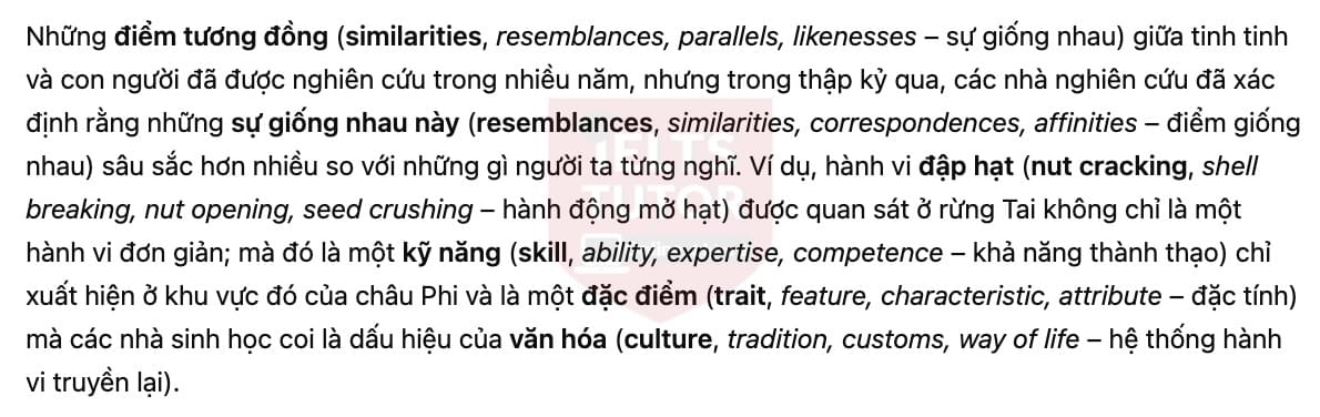 🔥Human-like culture in chimpanzees Answers with location - Đề luyện tập IELTS READING- Làm bài online format computer-based, kèm đáp án, dịch & giải thích từ vựng - cấu trúc ngữ pháp khó