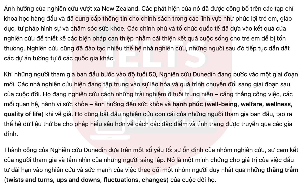 🔥The Dunedin Study Answers with location - Đề luyện tập IELTS READING- Làm bài online format computer-based, kèm đáp án, dịch & giải thích từ vựng - cấu trúc ngữ pháp khó