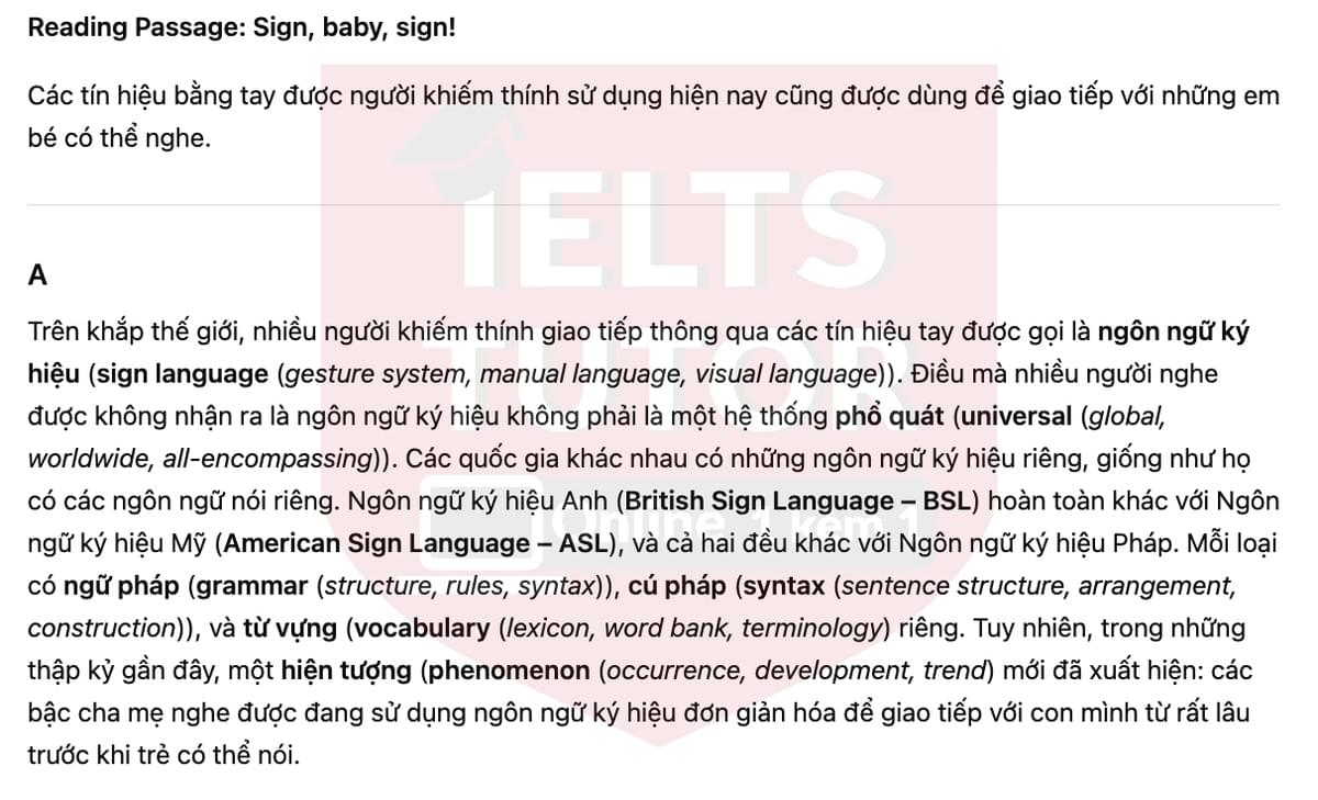 🔥Sign, baby, sign! Answers with location - Đề luyện tập IELTS READING- Làm bài online format computer-based, kèm đáp án, dịch & giải thích từ vựng - cấu trúc ngữ pháp khó