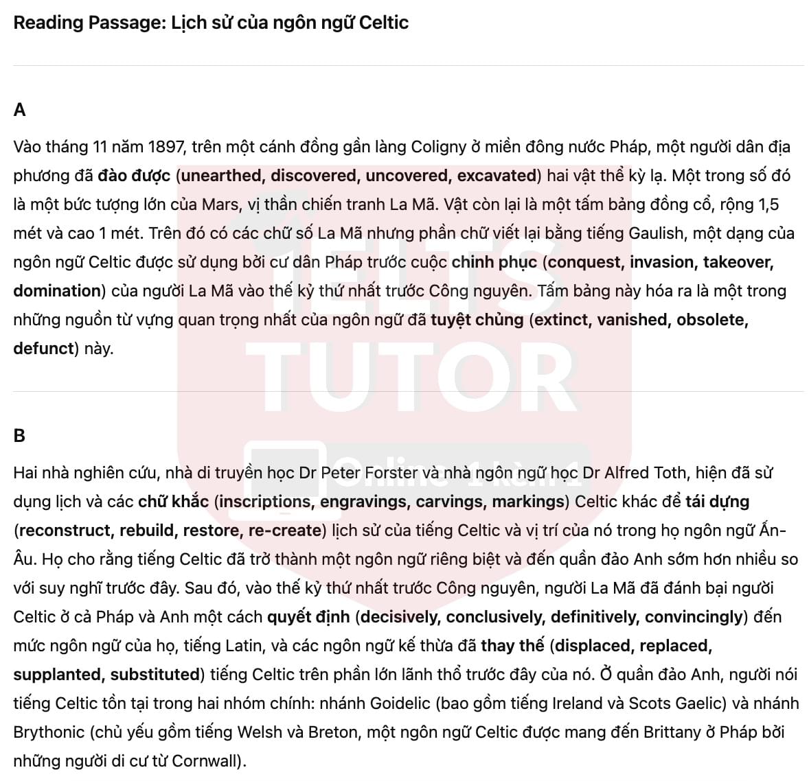 🔥The history of the Celtic language Answers with location - Đề luyện tập IELTS READING- Làm bài online format computer-based, kèm đáp án, dịch & giải thích từ vựng - cấu trúc ngữ pháp khó