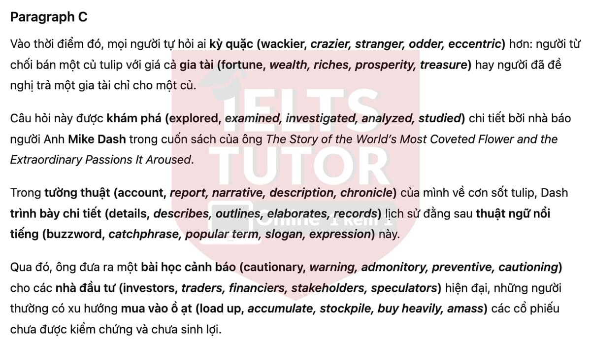 🔥Tulip Mania Answers with location - Đề luyện tập IELTS READING- Làm bài online format computer-based, kèm đáp án, dịch & giải thích từ vựng - cấu trúc ngữ pháp khó