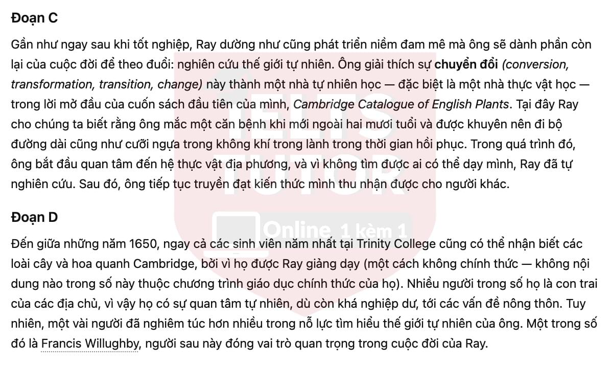 🔥John Ray and the Study of Plants Answers with location - Đề luyện tập IELTS READING- Làm bài online format computer-based, kèm đáp án, dịch & giải thích từ vựng - cấu trúc ngữ pháp khó