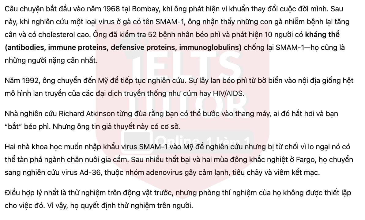 🔥Can You Catch Obesity? Answers with location - Đề luyện tập IELTS READING- Làm bài online format computer-based, kèm đáp án, dịch & giải thích từ vựng - cấu trúc ngữ pháp khó