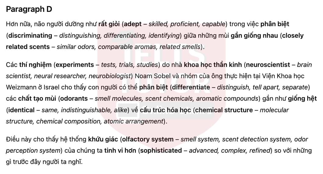 🔥The Power of Smell Answers with location - Đề luyện tập IELTS READING- Làm bài online format computer-based, kèm đáp án, dịch & giải thích từ vựng - cấu trúc ngữ pháp khó