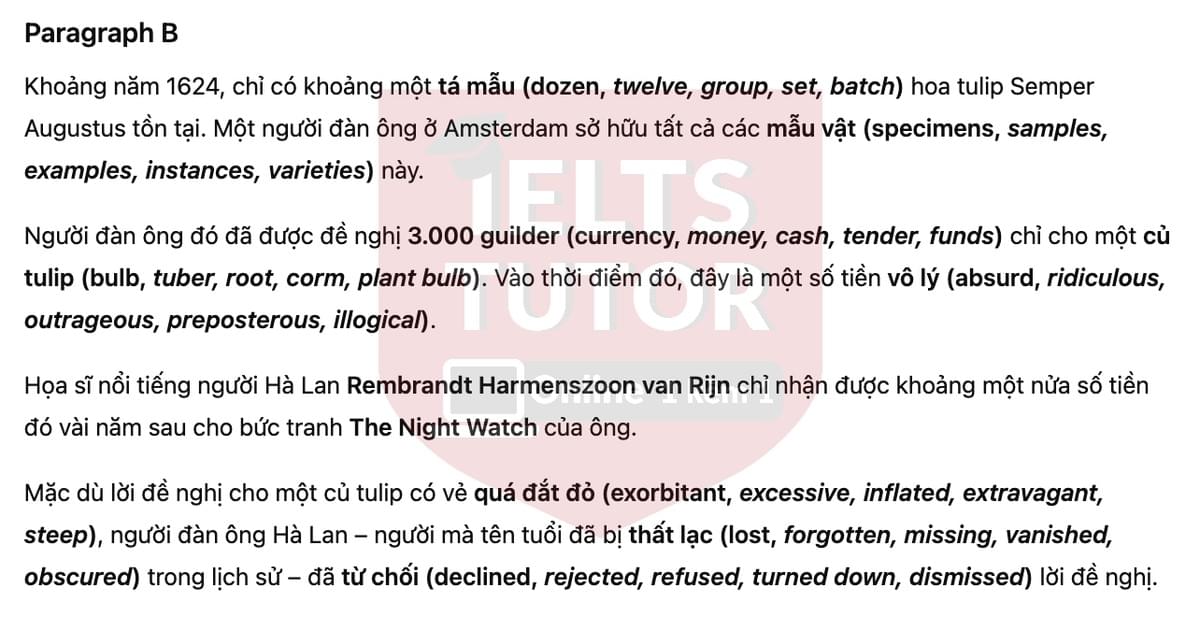 🔥Tulip Mania Answers with location - Đề luyện tập IELTS READING- Làm bài online format computer-based, kèm đáp án, dịch & giải thích từ vựng - cấu trúc ngữ pháp khó