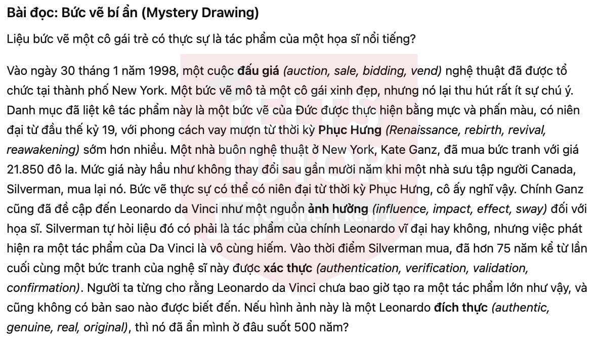 🔥Mystery Drawing Answers with location - Đề thi thật IELTS READING- Làm bài online format computer-based, kèm đáp án, dịch & giải thích từ vựng - cấu trúc ngữ pháp khó