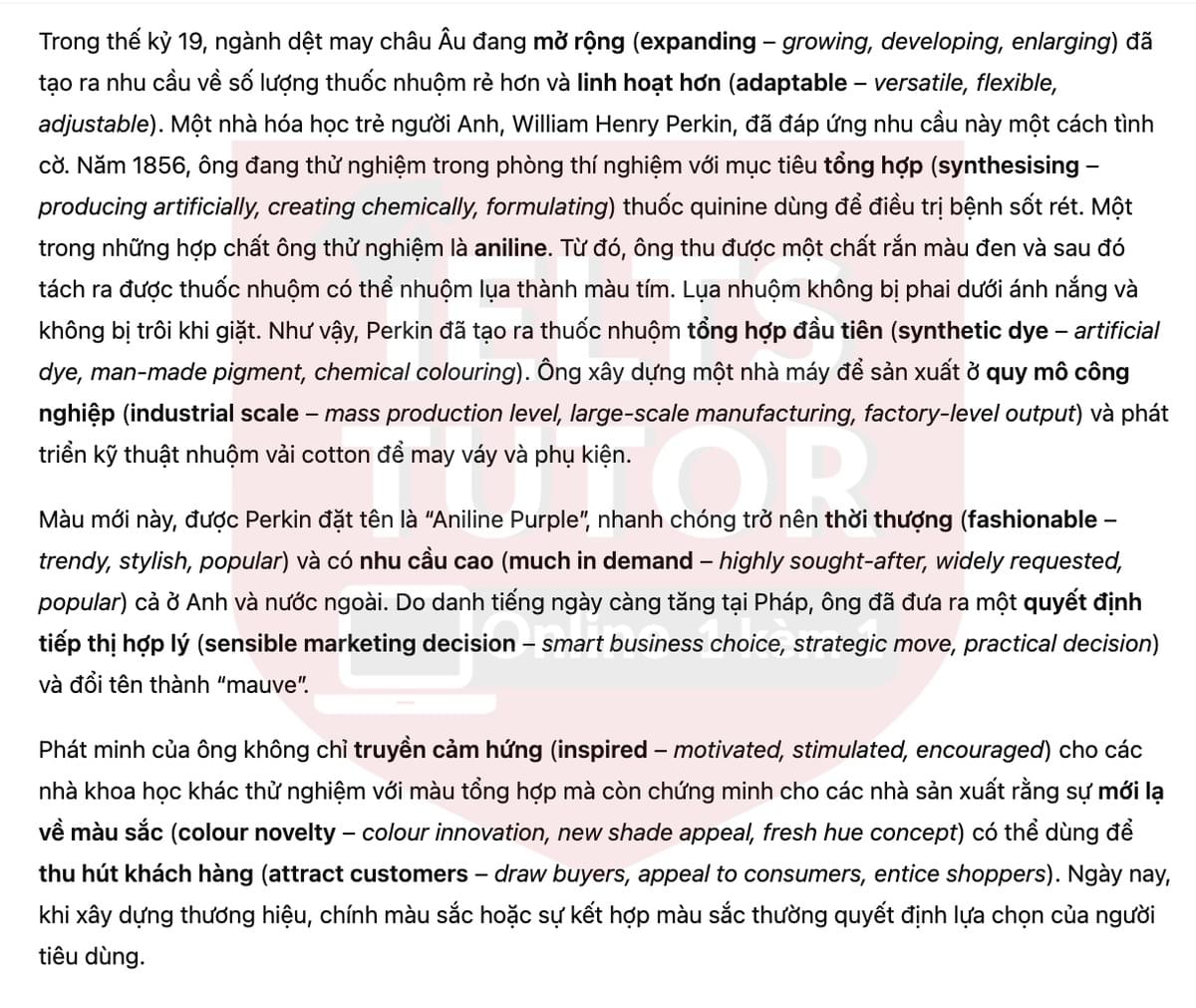 🔥The History Of Colour - How the invention of synthetic colour changed our world Answers with location - Đề luyện tập IELTS READING- Làm bài online format computer-based, kèm đáp án, dịch & giải thích từ vựng - cấu trúc ngữ pháp khó