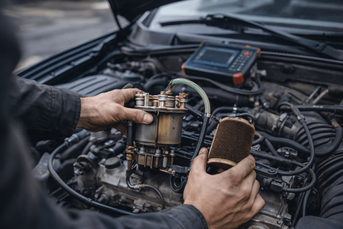Diagnostyka układu paliwowego w samochodzie – mechanik sprawdza filtr paliwa i elementy silnika